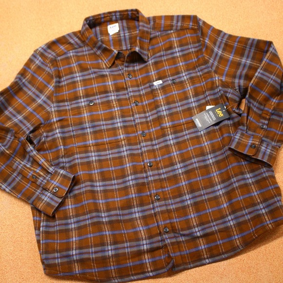 Lee Mens Flannel Shirt Overshirt XXL Brown Plaid Heavyweight Workwear Shacket - Picture 1 of 14
